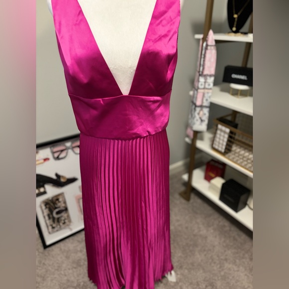 Amsale Deep Plunge Front & Back Midi Dress Pleated Skirt Bright Pink 16 NWT - Picture 6 of 12